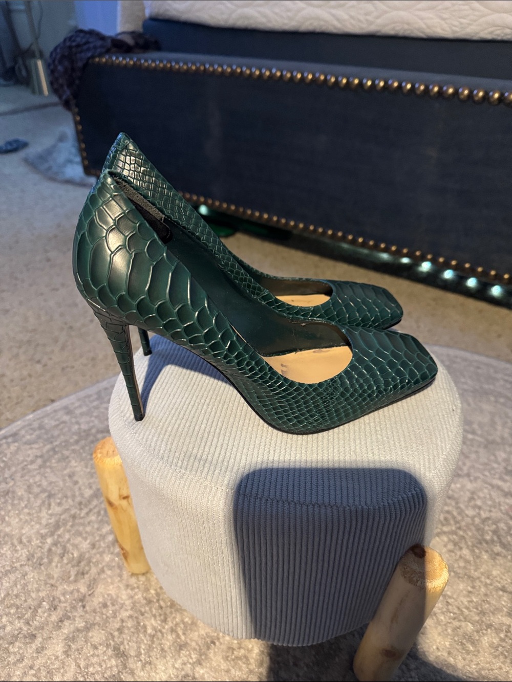 Aldo Deep Green Snake-Embossed Square toe Stiletto Heels